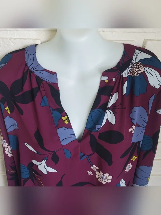 Loft Ann Taylor Flowy Tunic Blouse Long Sleeves Floral Plum Mulberry Wine Med - Picture 4 of 14
